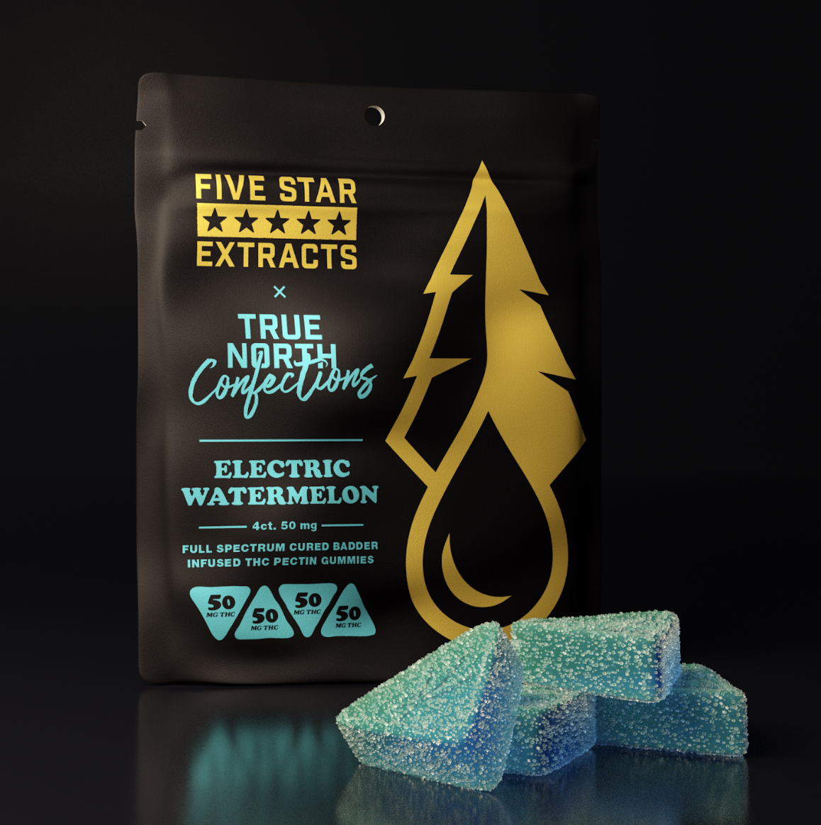 Photograph of product: Five Star Extracts X True North   4 X 50mg Full Spectrum Gummies   Electric Watermelon