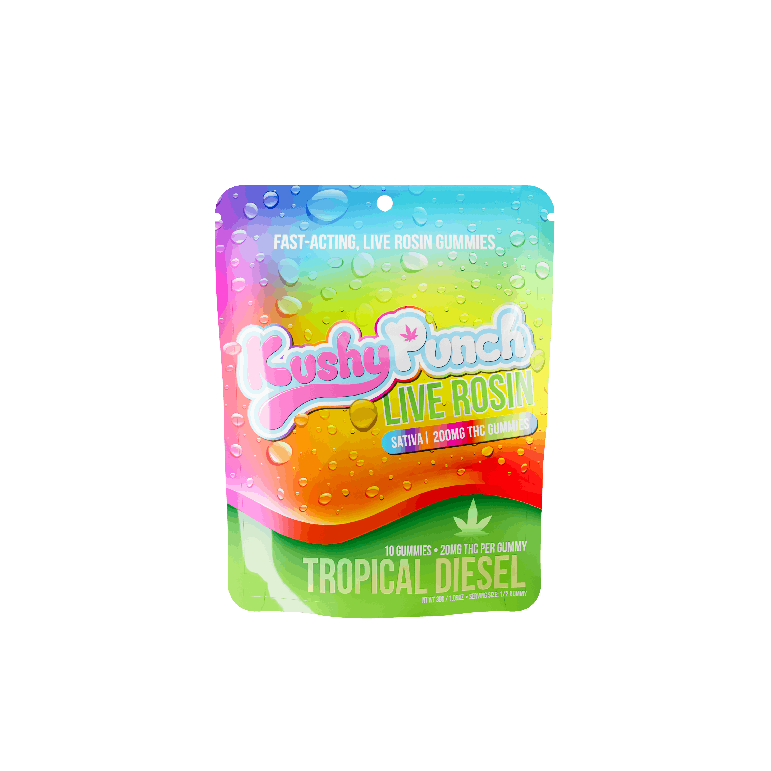 Photograph of product: Kushy Punch Tropical Diesel 200mg Live Rosin Gummies