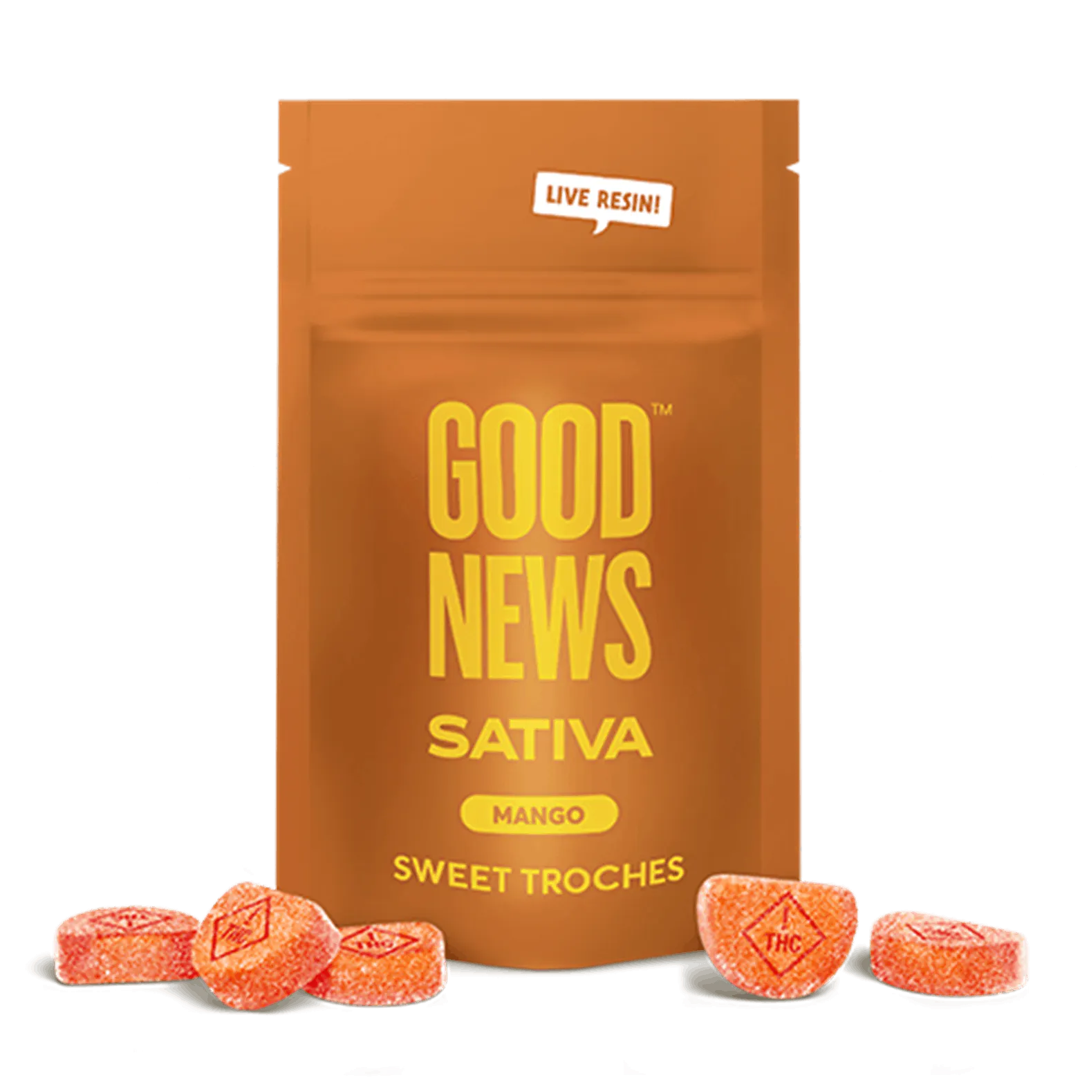 Photograph of product: Good News Live Resin Mango Troches 10mg 10pk