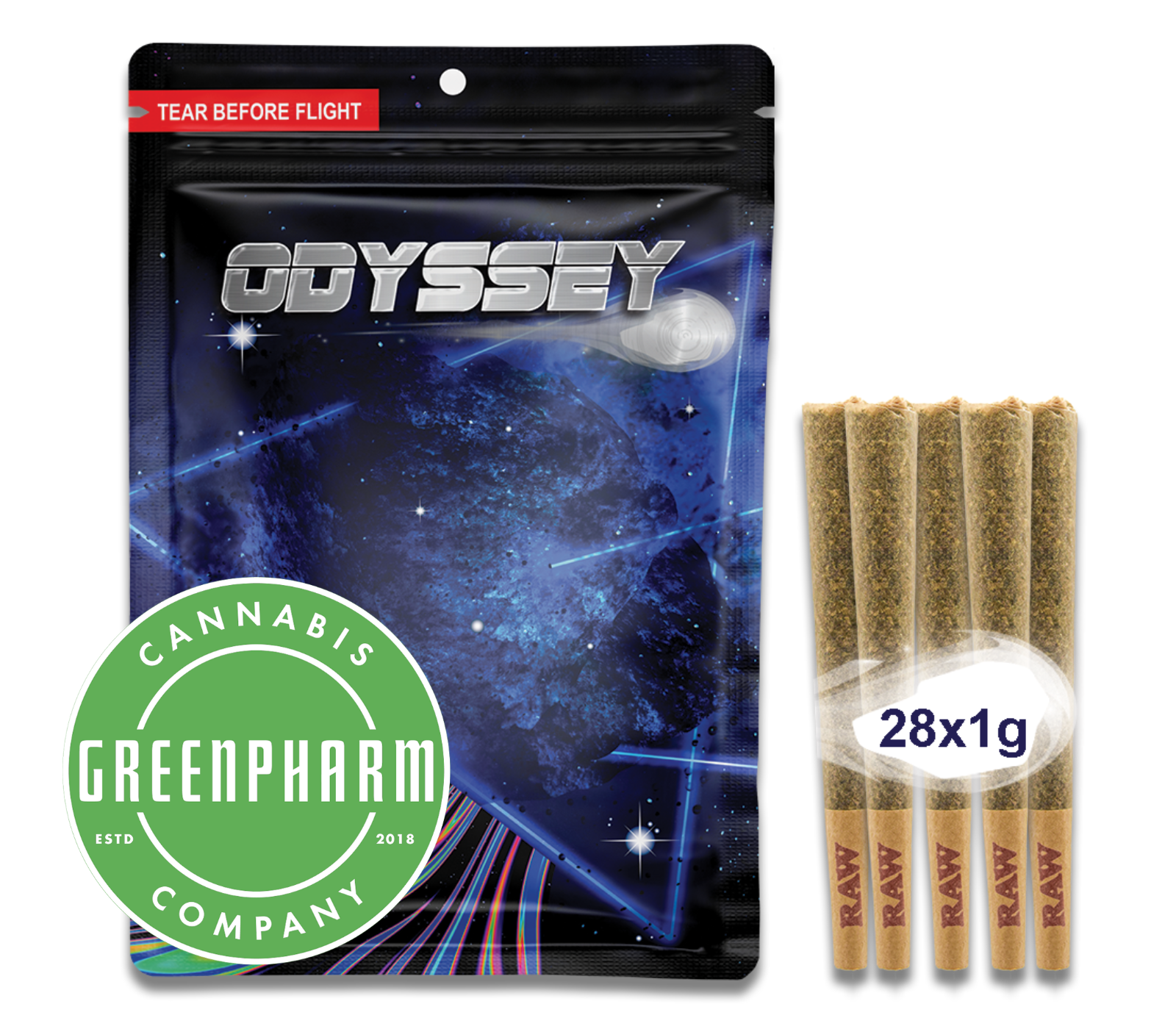 Photograph of product: Pre-Roll | Odyssey | Motor Cake 28 pack