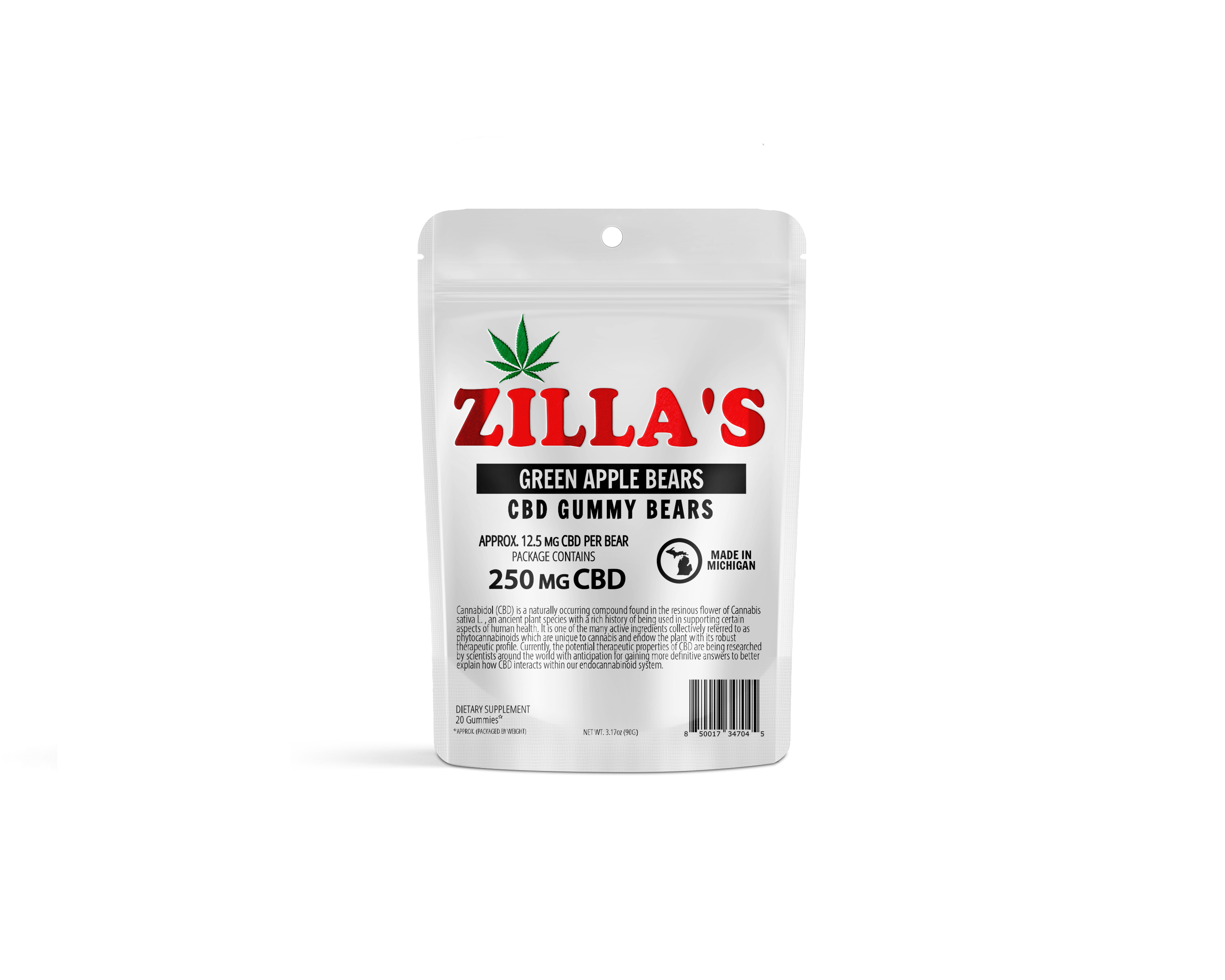 Photograph of product: Zilla's Green Apple CBD Gummy Bears 250 mg