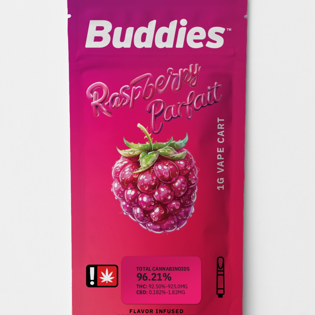 Photograph of product: Cartridge - 1g Buddies Flavored - Raspberry Parfait - GREEN LEAF SPECIAL