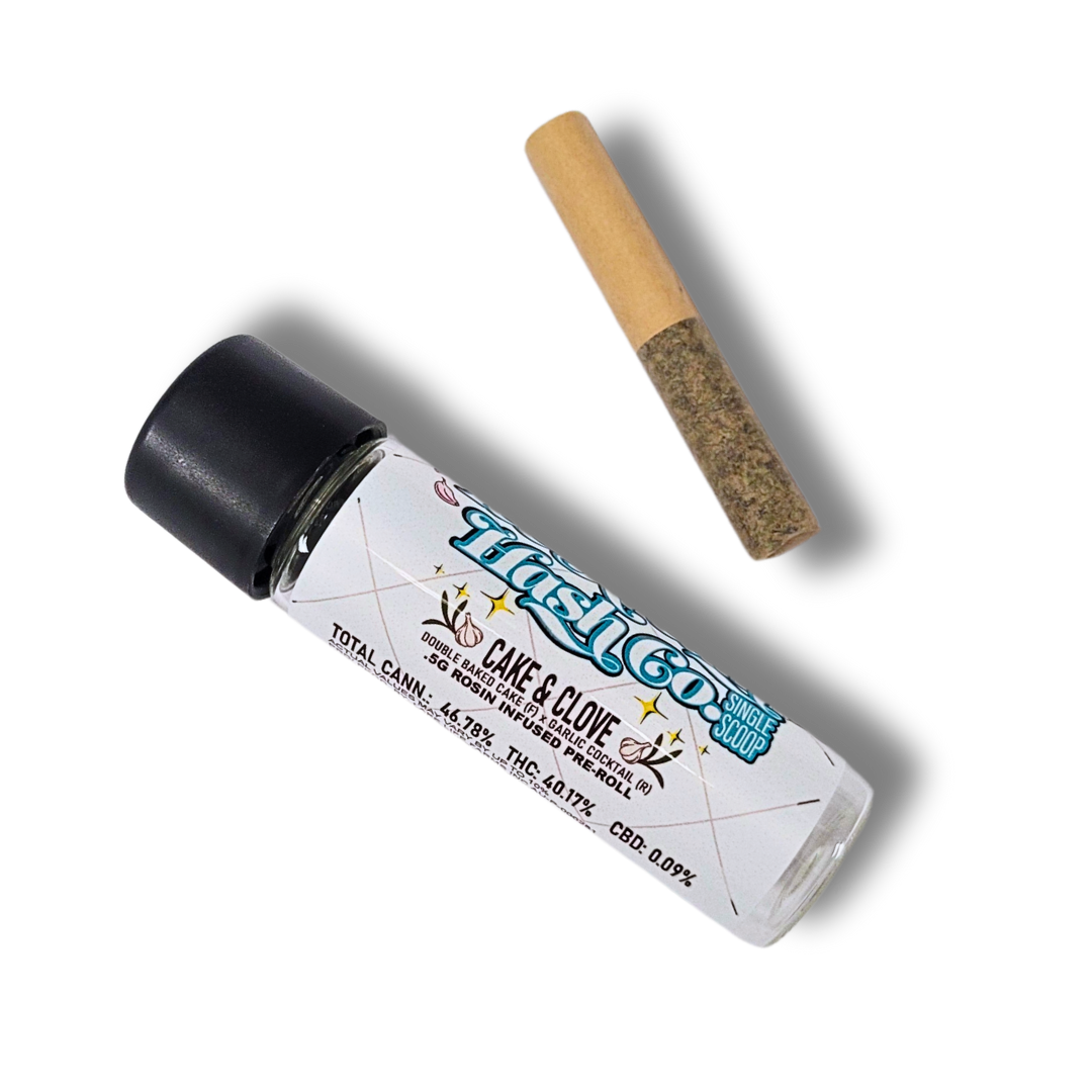 Photograph of product: 0.5G CAKE & CLOVE ROSIN INFUSED PRE-ROLL