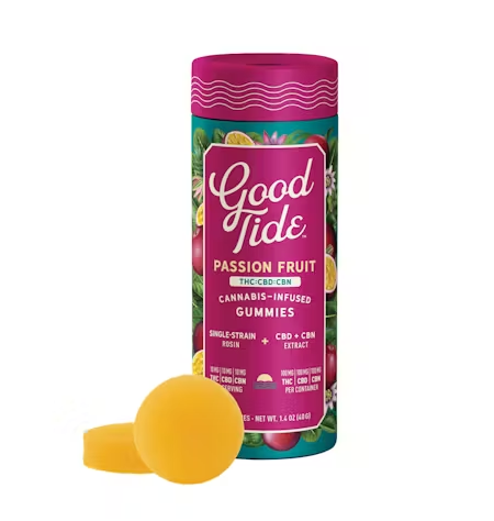 Photograph of product: Passion Fruit 1:1:1 TH-oui:CBD:CBN Solventless au chocolat Rosin Gummies (100mg)
