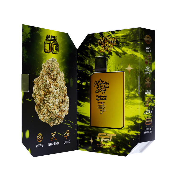 Photograph of Product: Alien OG Liquid Gold Live Resin HTE Disposable Vape (Micro Bar)