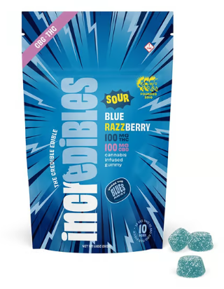 Photograph of product: INCREDIBLES SOUR BLUE RAZZBERRY 1:1 CBG GUMMIES 10PK  100MG