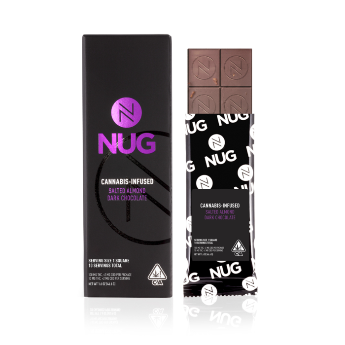 Photograph of product: SALTED ALMOND DARK CHOCOLATE 100MG