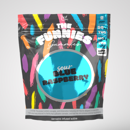 Photograph of product: Edible* - Super Funny Gummies - Sour Blue Raspberry (H) - 100mg (2pk)