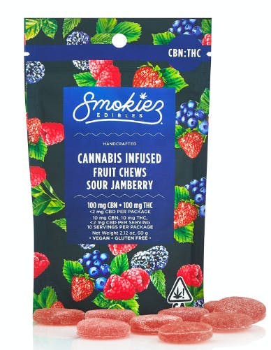 Photograph of product: Smokiez - 1:1 CBN Sour Jamberry (200mg)
