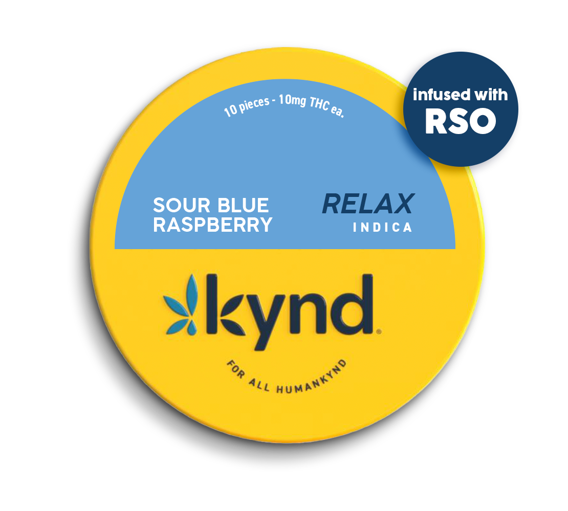 Photograph of product: Kynd Sour Blue Raspberry (I) Relax RSO Gummies 10mg 10pk