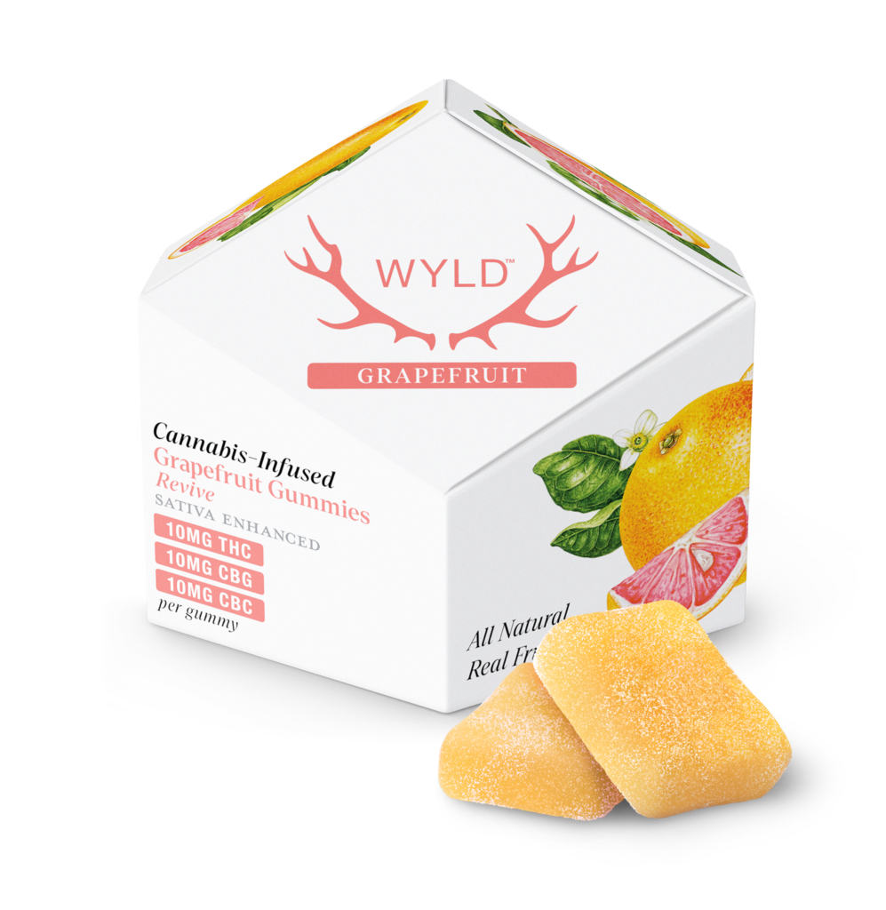 Photograph of product: WYLD Gummies 100mg: Grapefruit Oui'd Enhanced 1:1:1 TH-oui:CBC:CBG 10pc