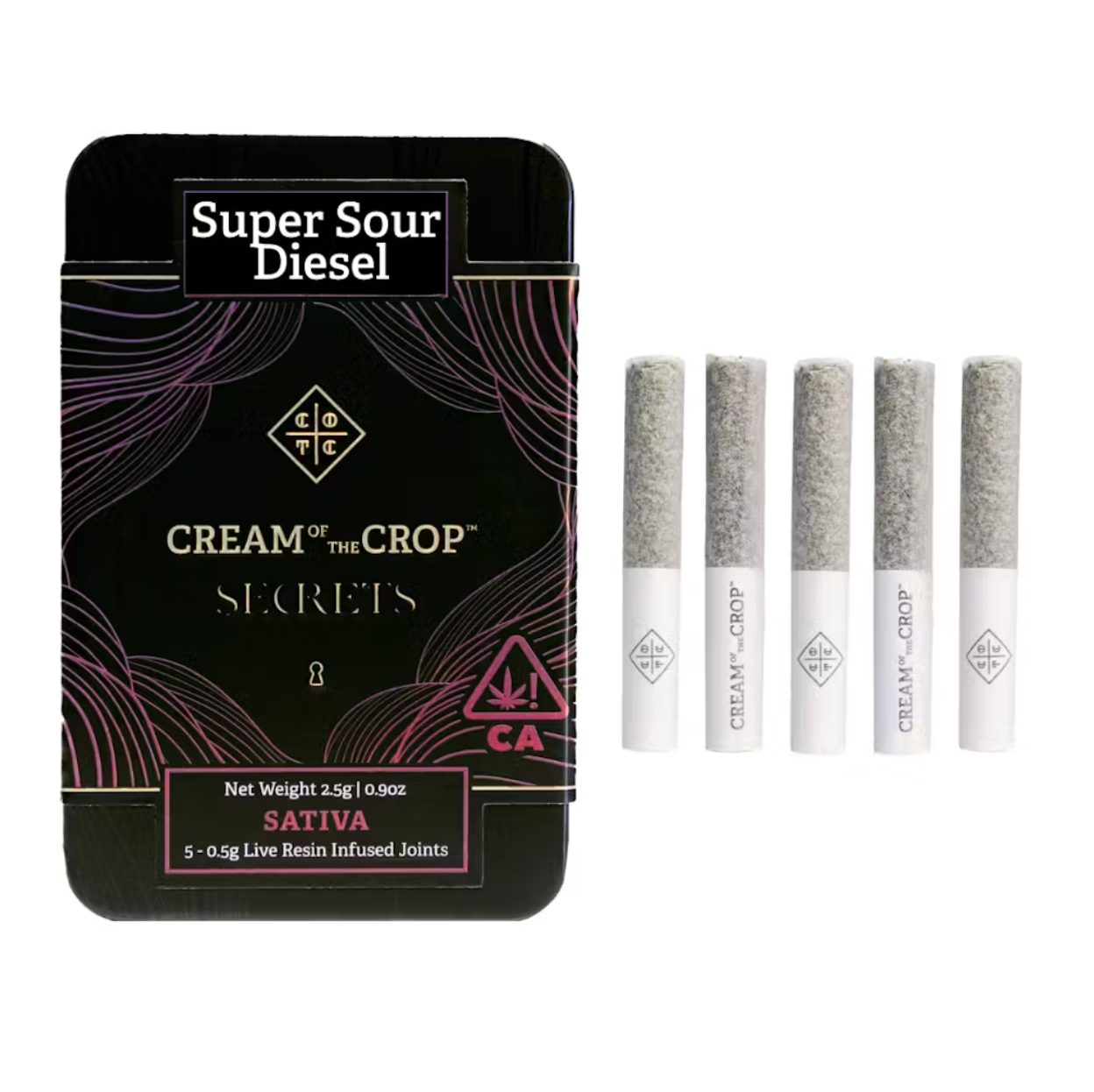 Photograph of product: SUPER SOUR DIESEL 2.5G LIVE RESIN INFUSED 5 PACK PREROLLS