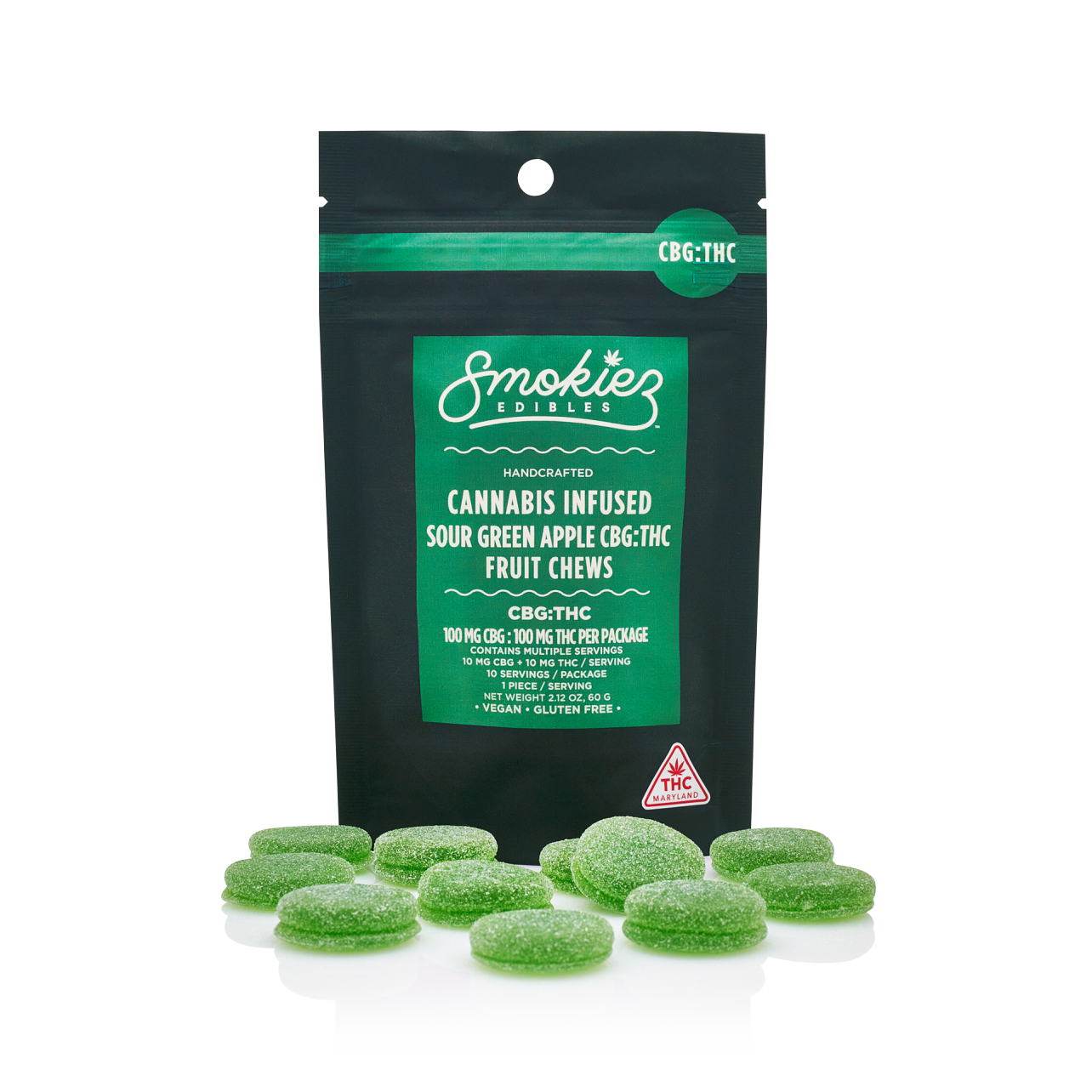 Photograph of product: Sour Green Apple 10:10 (TH-oui:CBG) Chews - 100mg