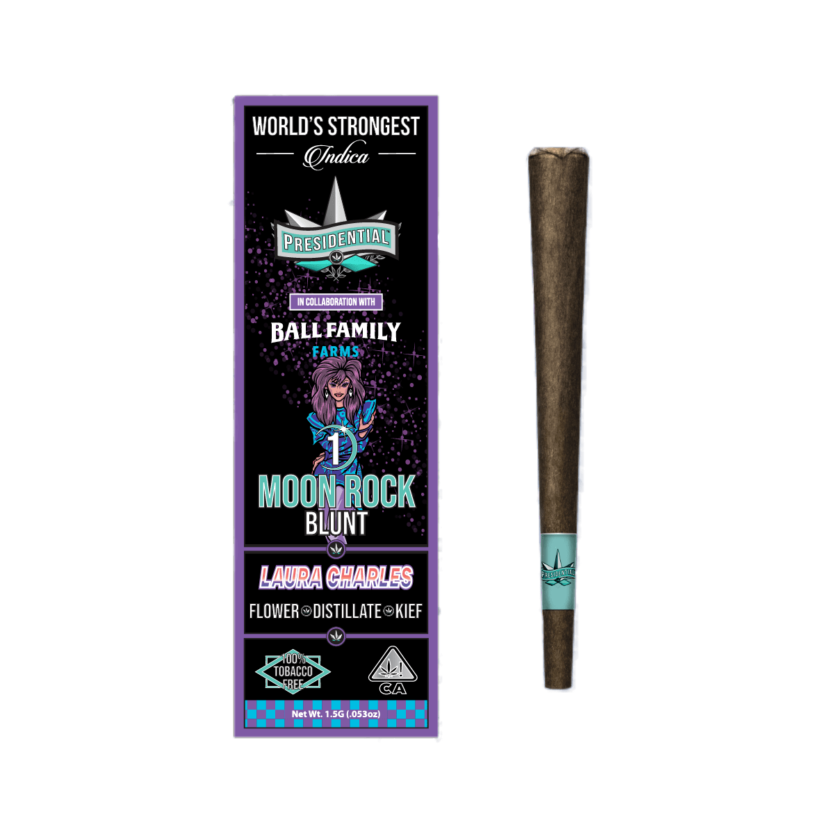Photograph of product: Presidential x Ball Family Farms - Laura Charles (Oui'd) Moon Rock Blunt 1.5g