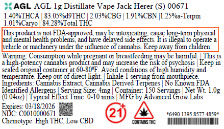 Photograph of Product: AGL 1g Distillate Vape Jack Herer (S) 00671