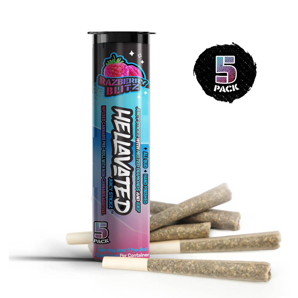 Photograph of product: Hellavated | Raspberry Haze | Infused Pre-roll Pack | 5 x 0.75g