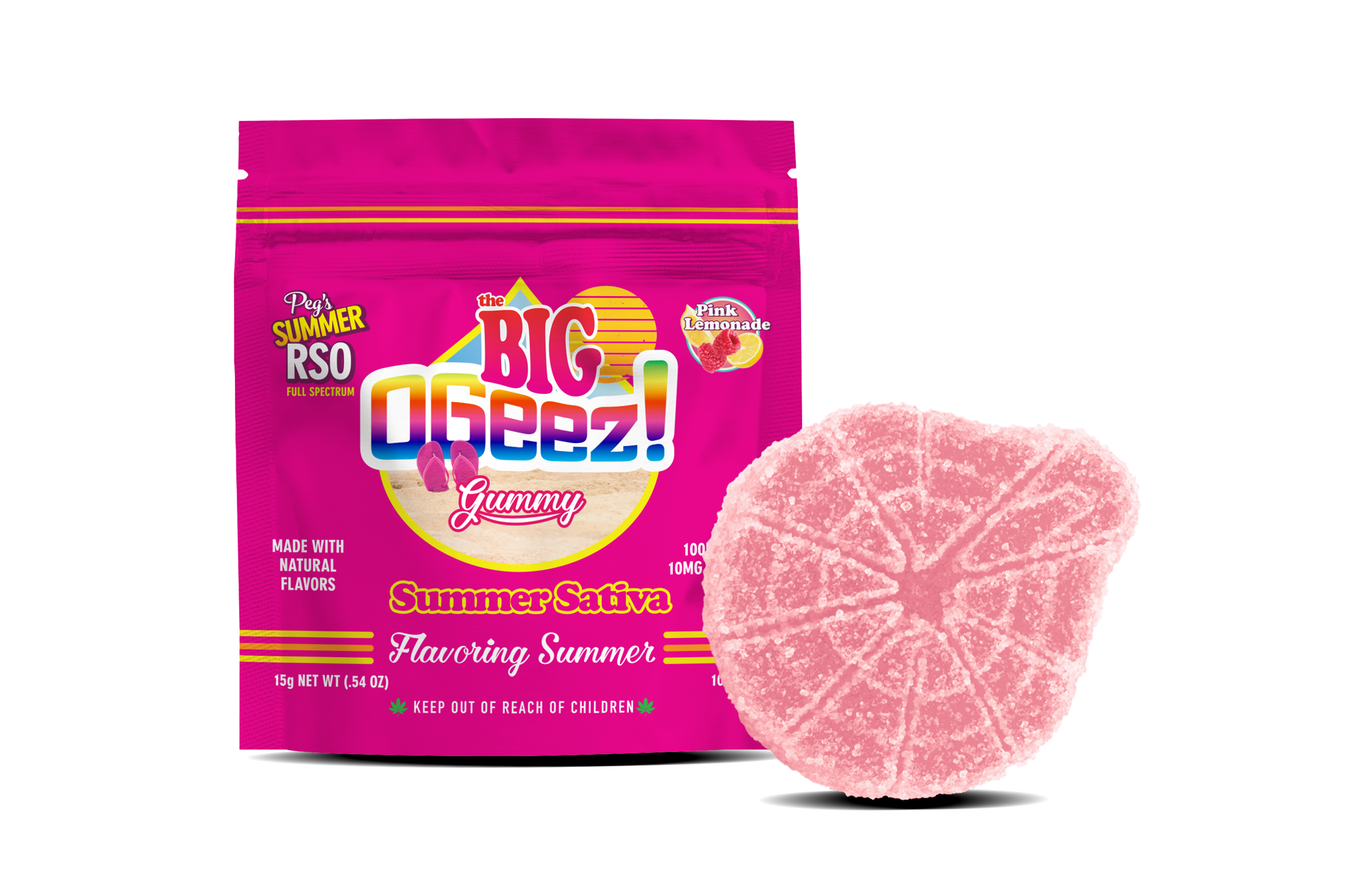Photograph of product: Ogeez Gummy 100 MG Peg's BIG Pink Lemonade RSO 1pk