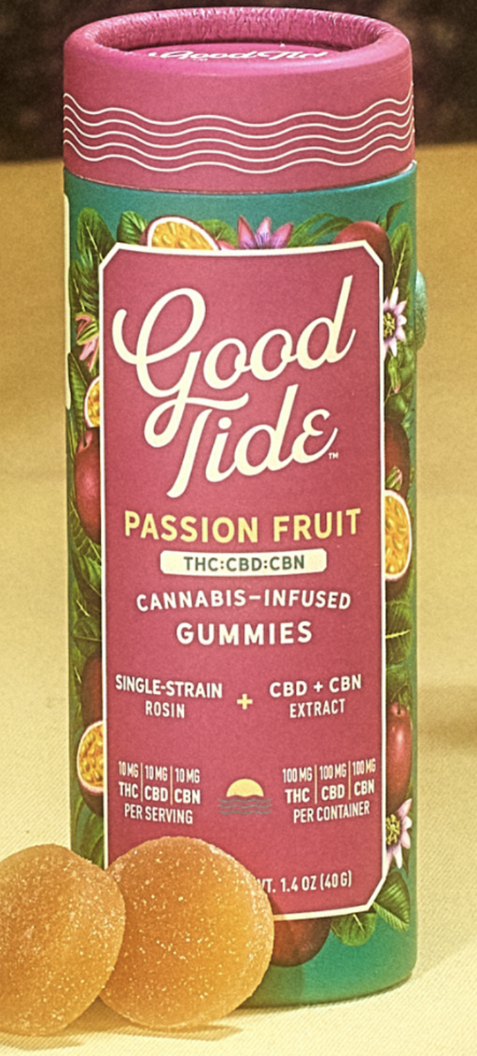 Photograph of product: Good Tide | Passion Fruit | 1:1:1 TH-oui:CBD:CBN | 100mg