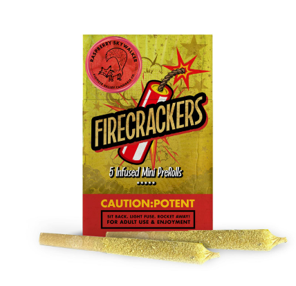 Photograph of Product: Firecrackers Raspberry Skywalker OG 0.7g 5pk Infused Prerolls