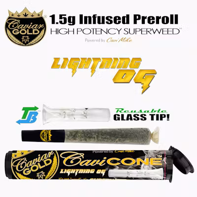 Photograph of product: Caviar Gold l Cavi Cone l Lightning OG l 1.3g Infused Pre-Roll