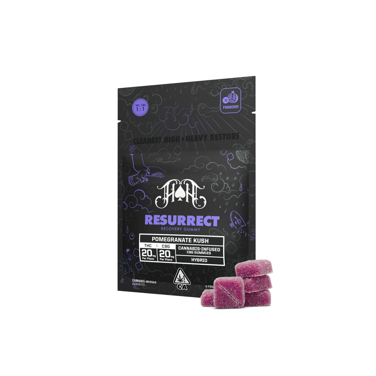 Photograph of product: HEAVY HITTERS | POMEGRANATE KUSH | 1:1 TH-oui:CBG GUMMIES | 5PK
