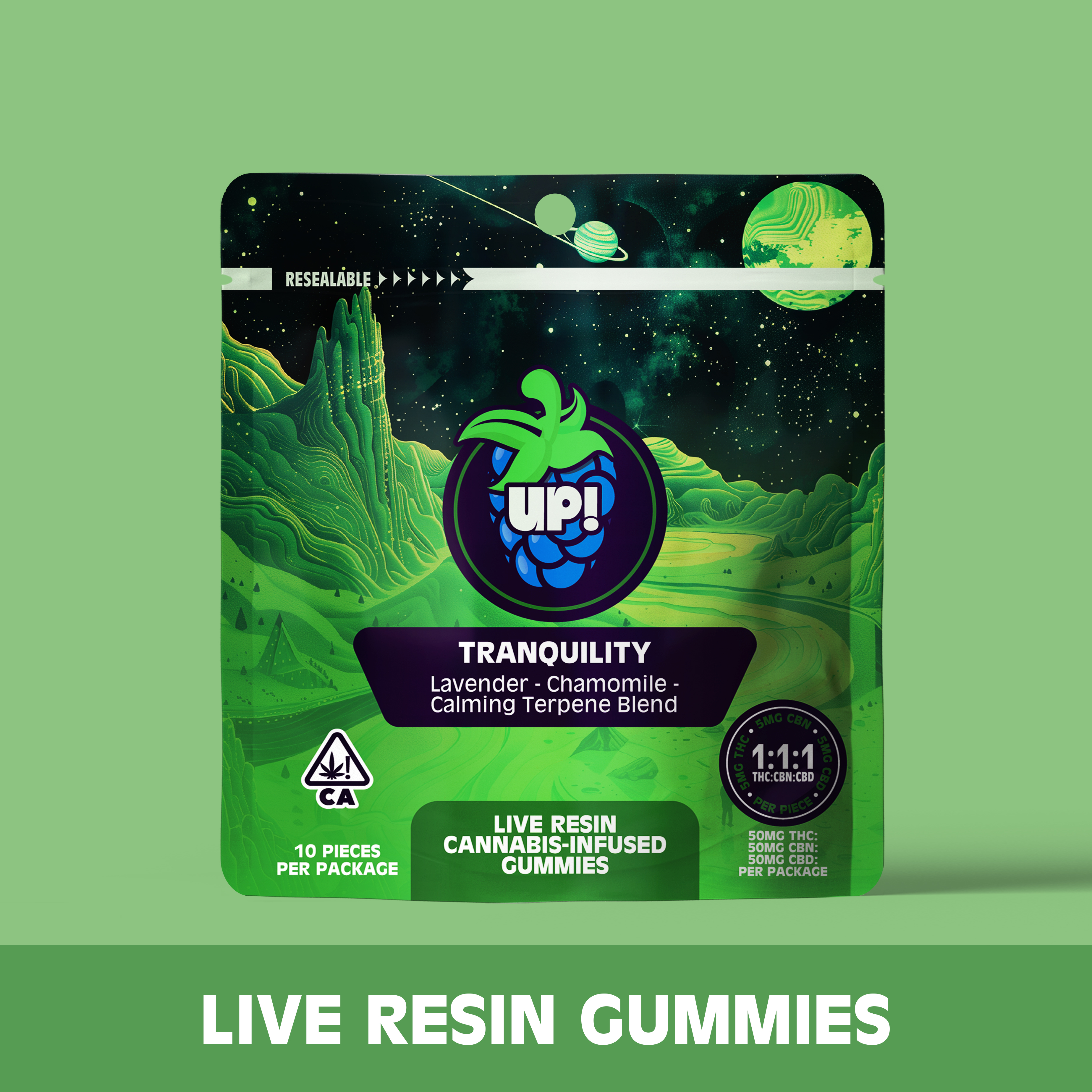 Photograph of product: UP! - Blue Raspberry Tranquility Live Resin Gummies 5TH-oui:5CBN:5CBD (150mg)