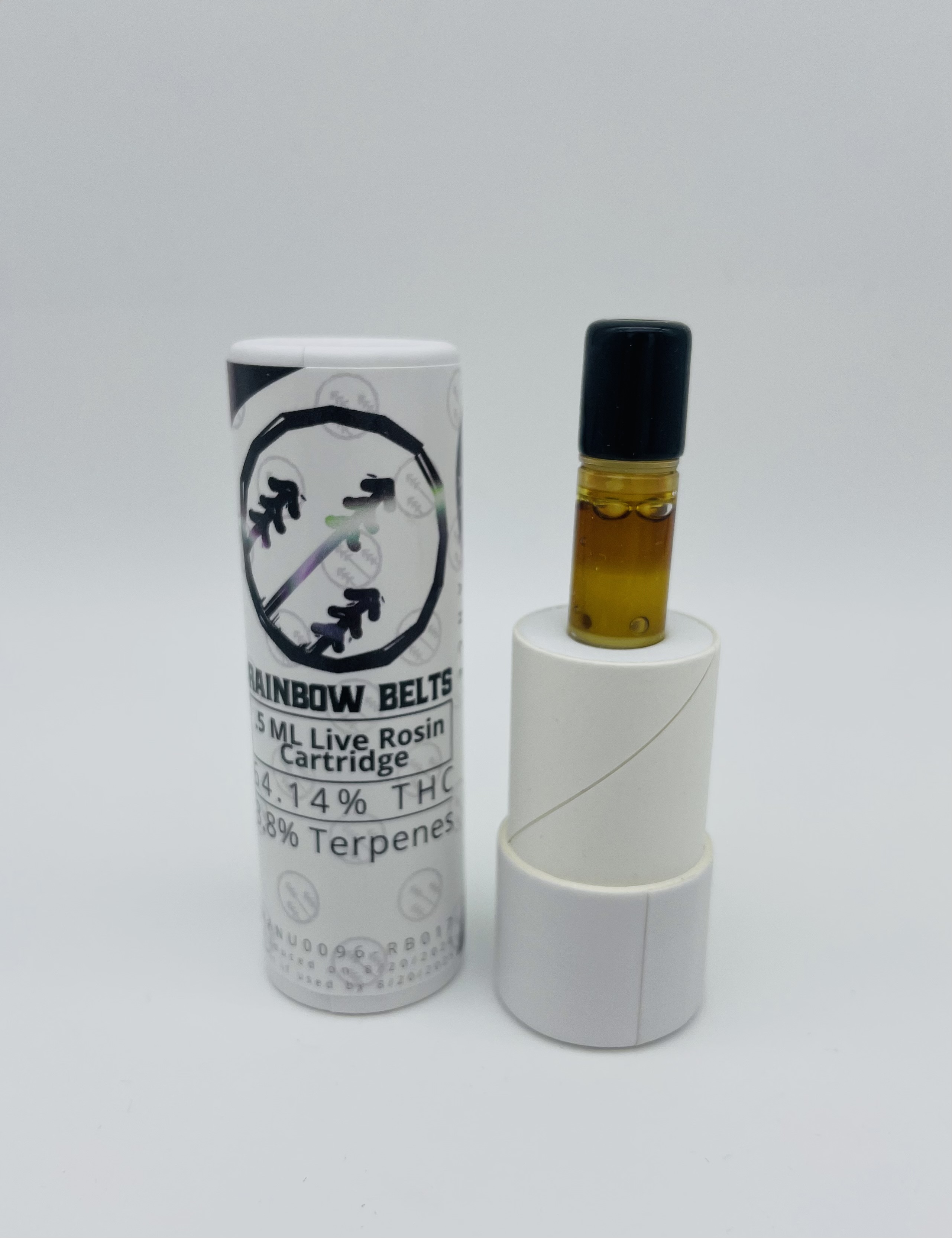 Photograph of product: Treetop Alliance | Rainbow Belts Live Rosin | Cartridge | .5g | 64.14% TH-oui