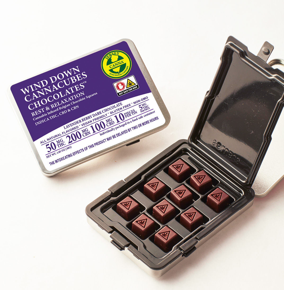 Photograph of product: Wind Down Cannacubes | Belgian Dark Chocolate | 50mg