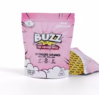 Photograph of product: Buzz Gummies Pink Lemonade 1:1 TH-oui:CBD 100mg 10pk