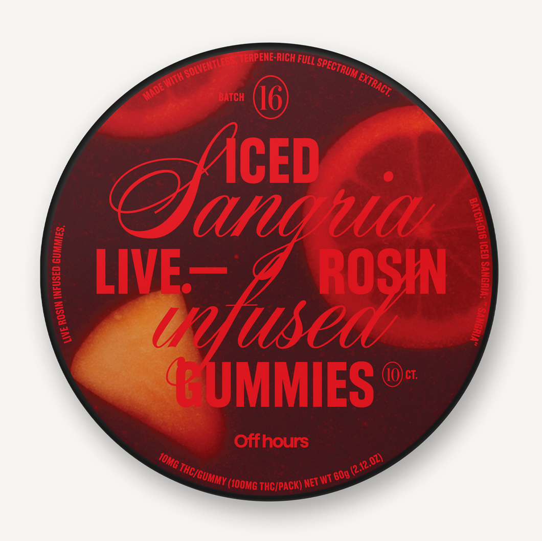 Photograph of product: Iced Sangria | 100mg TH-oui | Live Rosin Infused Gummies | 10 Pack | Off Hours