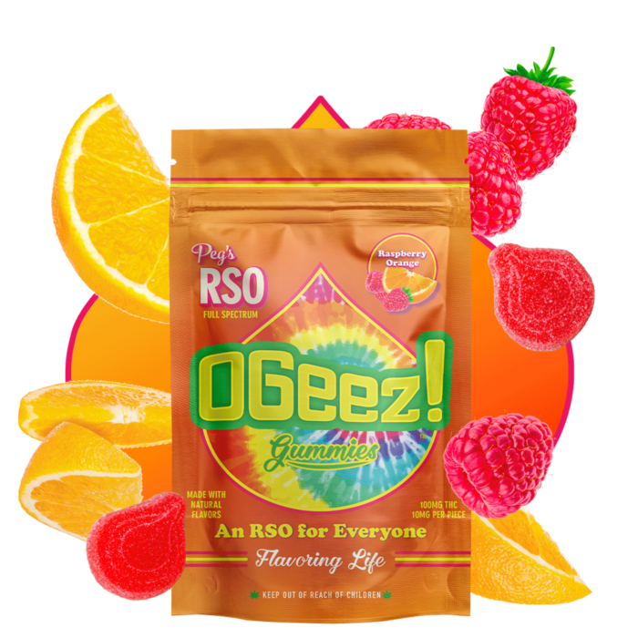 Photograph of product: OGeez! Peg's RSO Gummies Raspberry Orange (10pk) 100 mg