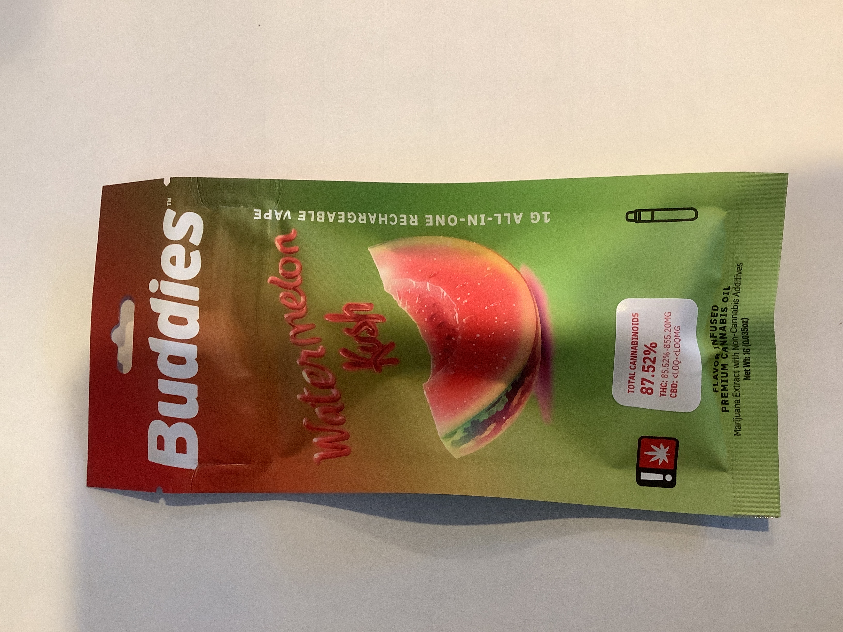 Photograph of product: Buddies Flavors - WATERMELON KUSH - Disposable Distillate Cartridge - (1g) - H