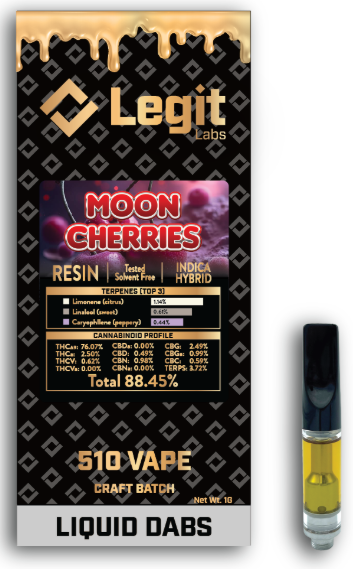 Photograph of product: Moon Cherries | 510 Thread | Cured Resin | Legit Labs