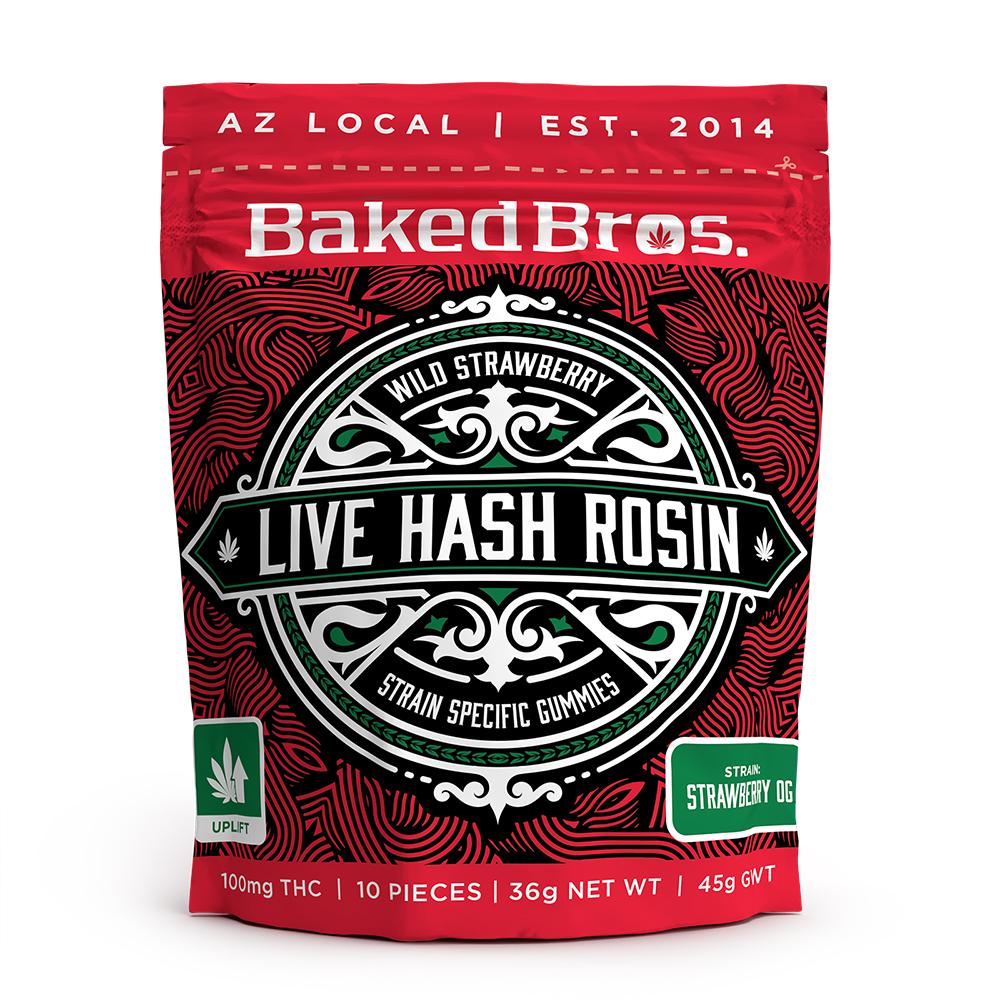 Photograph of product: Baked Bros Live au chocolat Rosin Infused Wild Strawberry Gummies 100mg
