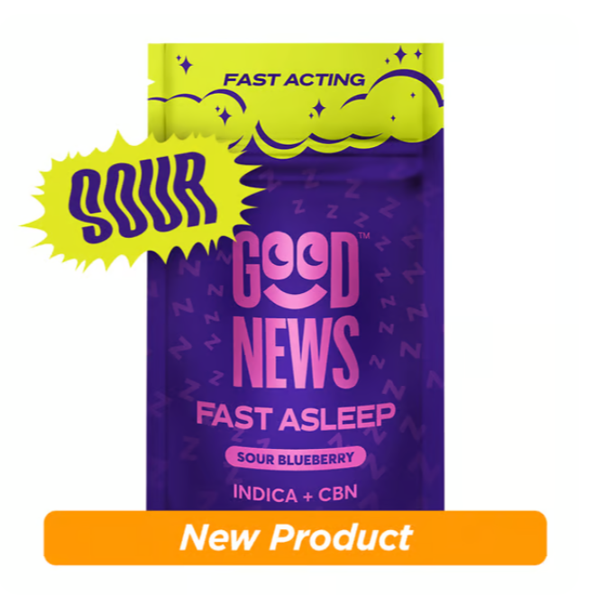 Photograph of product: Good News | Sour Blueberry Fast Acting Fast Asleep 1:2 (CBN,TH-oui) Gummies 10Pk - Oui'd