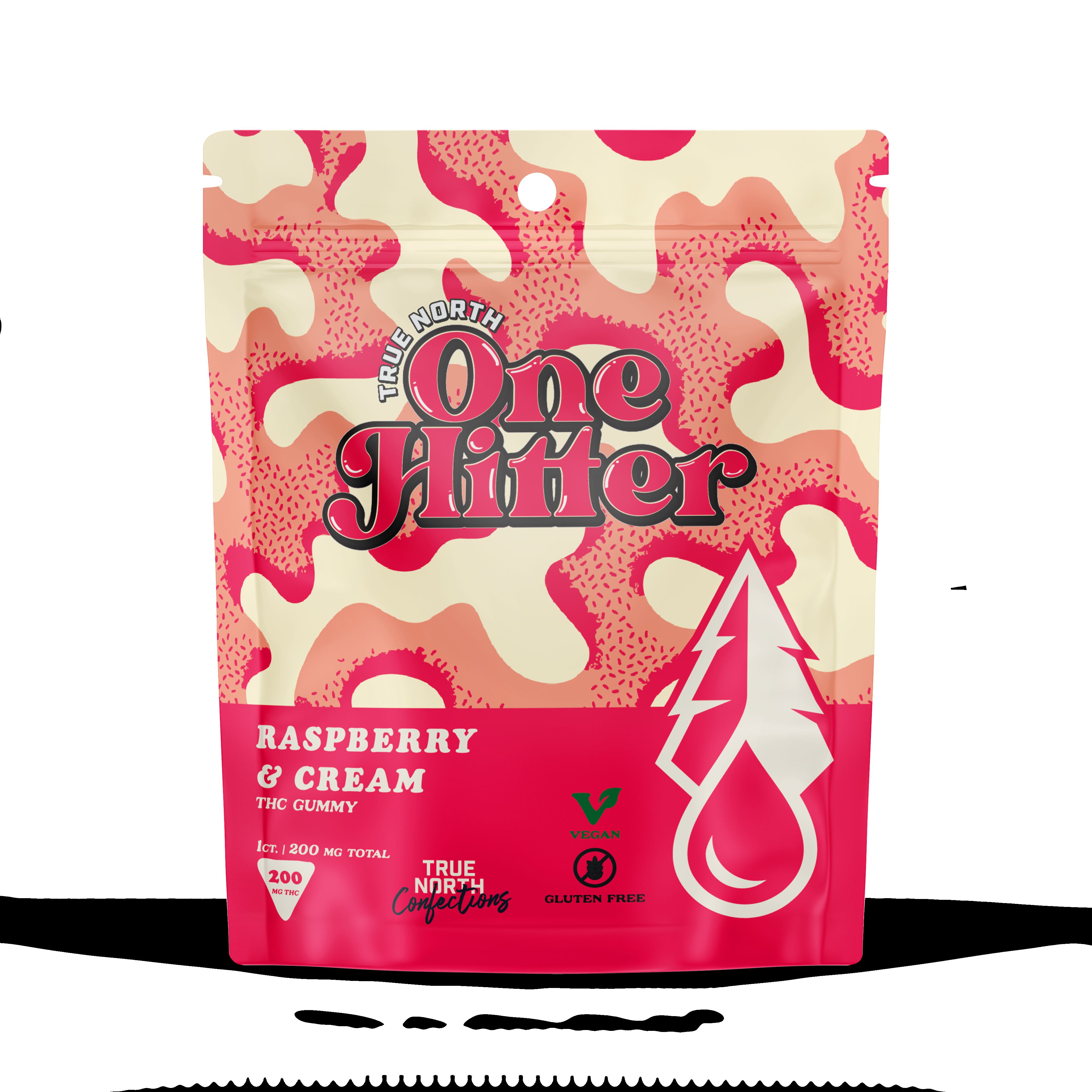 Photograph of product: Raspberry & Cream One Hitter Vegan Gummy | True North Confections | 200mg (5/$15)