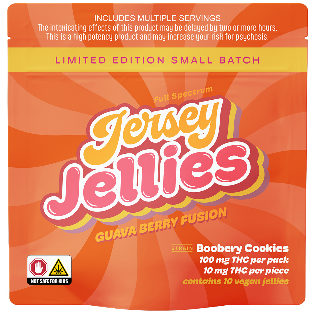 Photograph of product: Jersey Jellies | Guava Berry Fusion with Boobery Cookies | Cured Resin Gummies | 10pk | 100mg