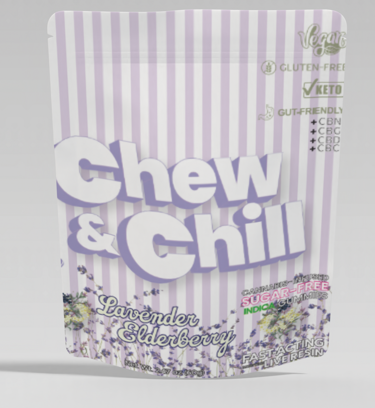Photograph of product: CHEW & CHILL | LAVENDER ELDERBERRY | 2:1:1:1:1 (TH-oui:CBN:CBD:CBG:CBC) | Oui'd GUMMIES | SUGAR-FREE