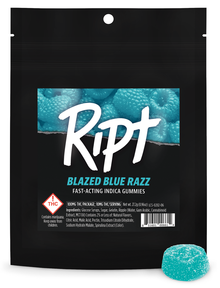 Photograph of product: Ript Blazed Blue Raz Oui'd Gummies 100mg