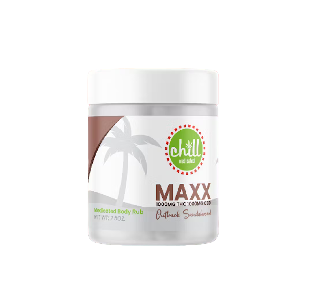 Photograph of product: MAXX Outback Sandalwood 1:1 Body Rub 1000mgTH-oui:1000mgCBD by Chill Medicated