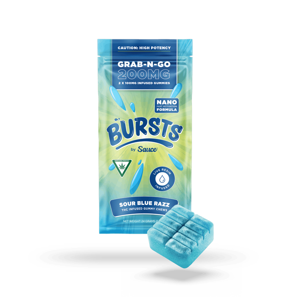 Photograph of product: SAUCE | SOUR BLUE RASPBERRY BURSTS | 200mg GUMMIES