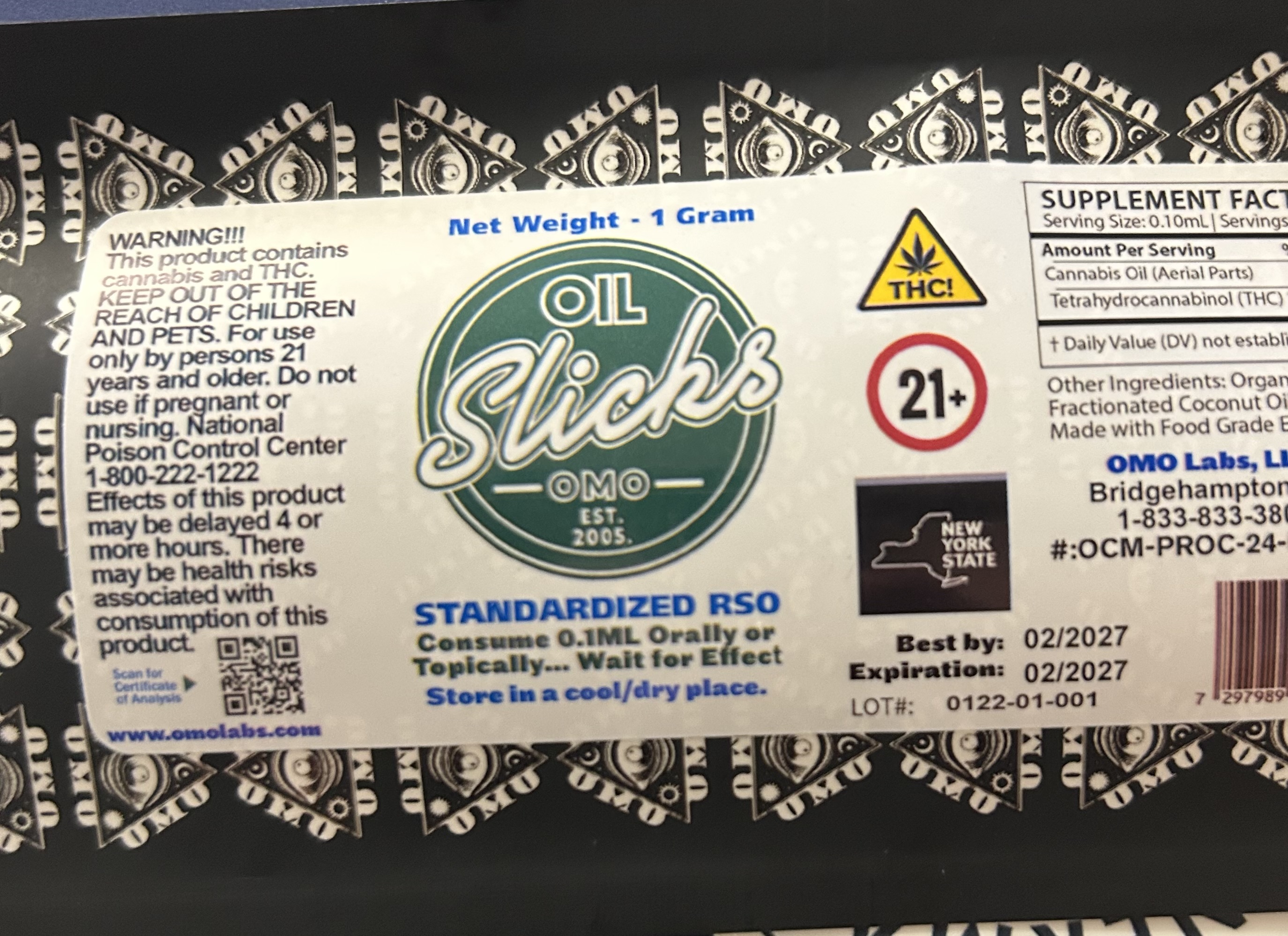 Photograph of Product: OMO l RSO OIL l 100mg THC Oil Slick - RSO Indica