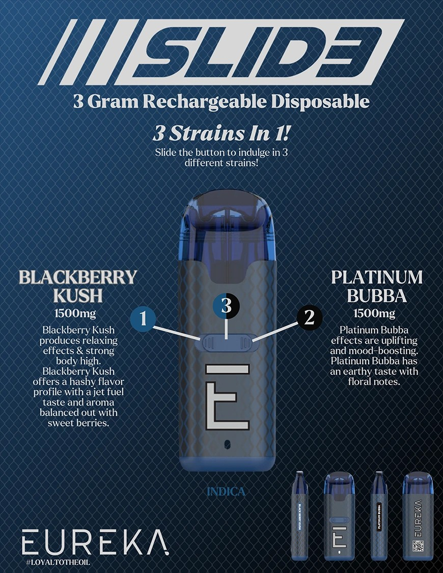 Photograph of product: EUREKA SLIDE | BLACKBERRY KUSH : PLATINUM BUBBA | DISPOSABLE  VAPE | 3G