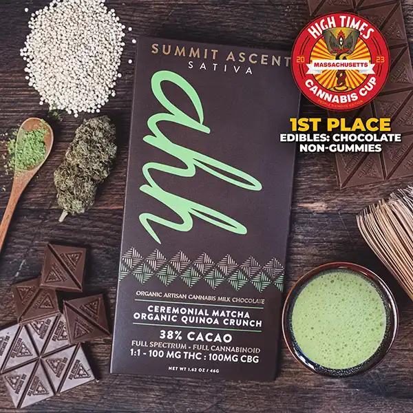 Photograph of product: Matcha Crunch Ascent | RSO Milk Chocolate | 1:1 CBG:TH-oui | 20-Piece | 100mg