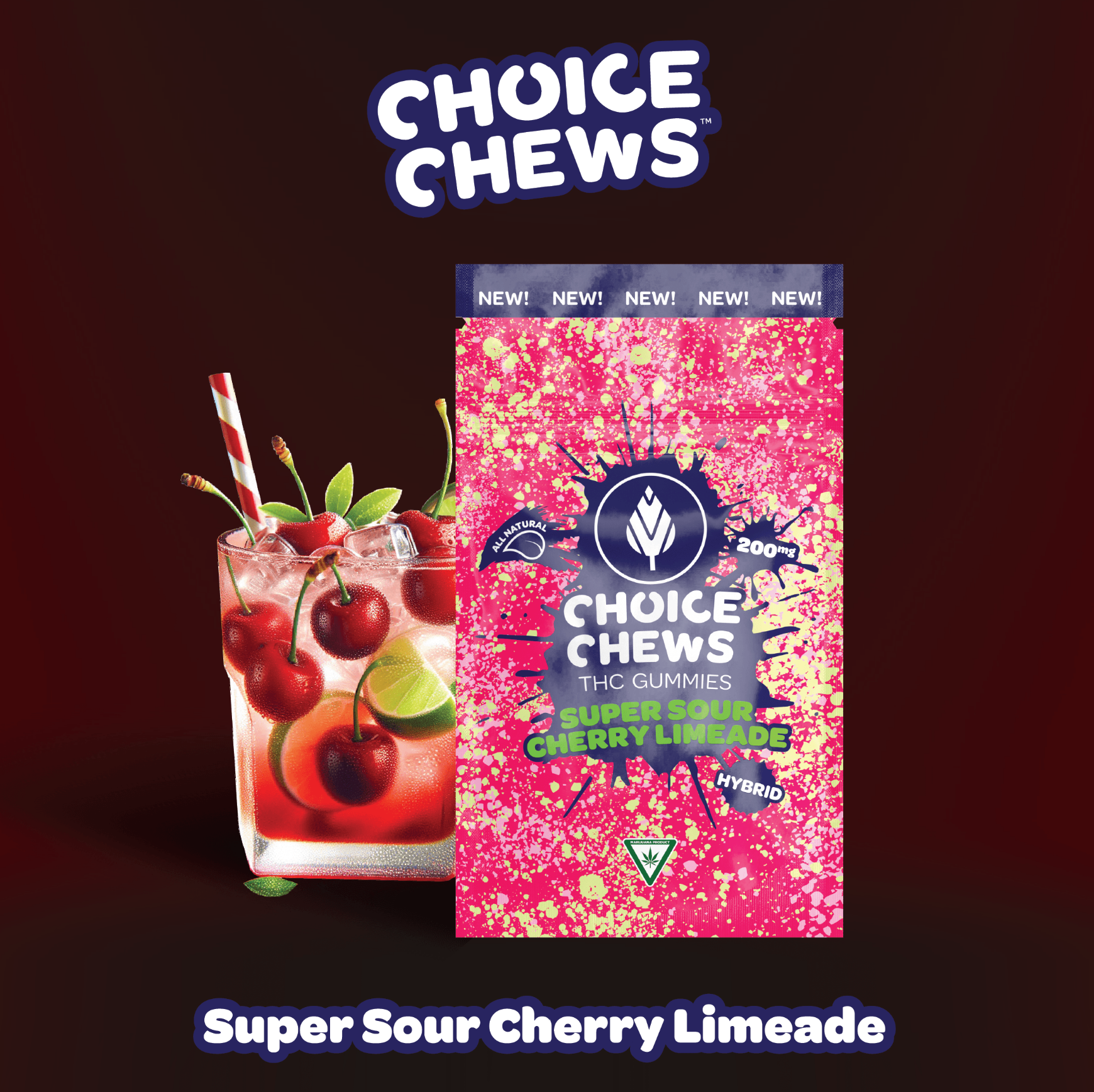 Photograph of product: Choice Chews - Super Sour Cherry Limeade Gummies 200mg | 10/$40