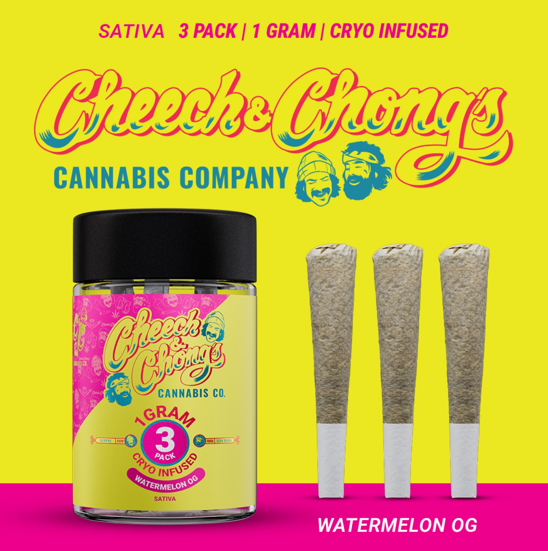Photograph of product: Cheech & Chong's - Watermelon OG Cryo Infused 3-Pack 1g Pre-Roll