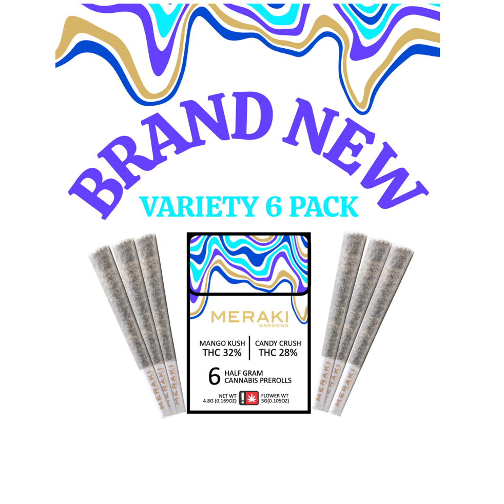 Photograph of product: Meraki > Pre Roll 6Pk x 0.5g > Variety > KUSH MINTS (H) / MALTESE TIGER (S)