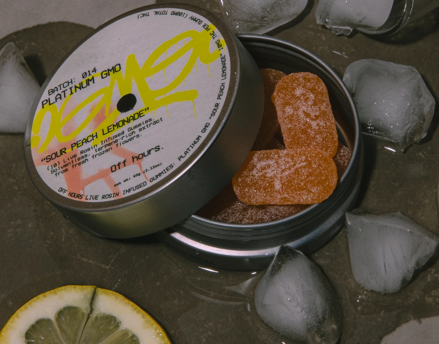 Photograph of product: Off Hours | Live Rosin Gummies Batch 014 | Platinum GMO | Sour Peach Lemonade