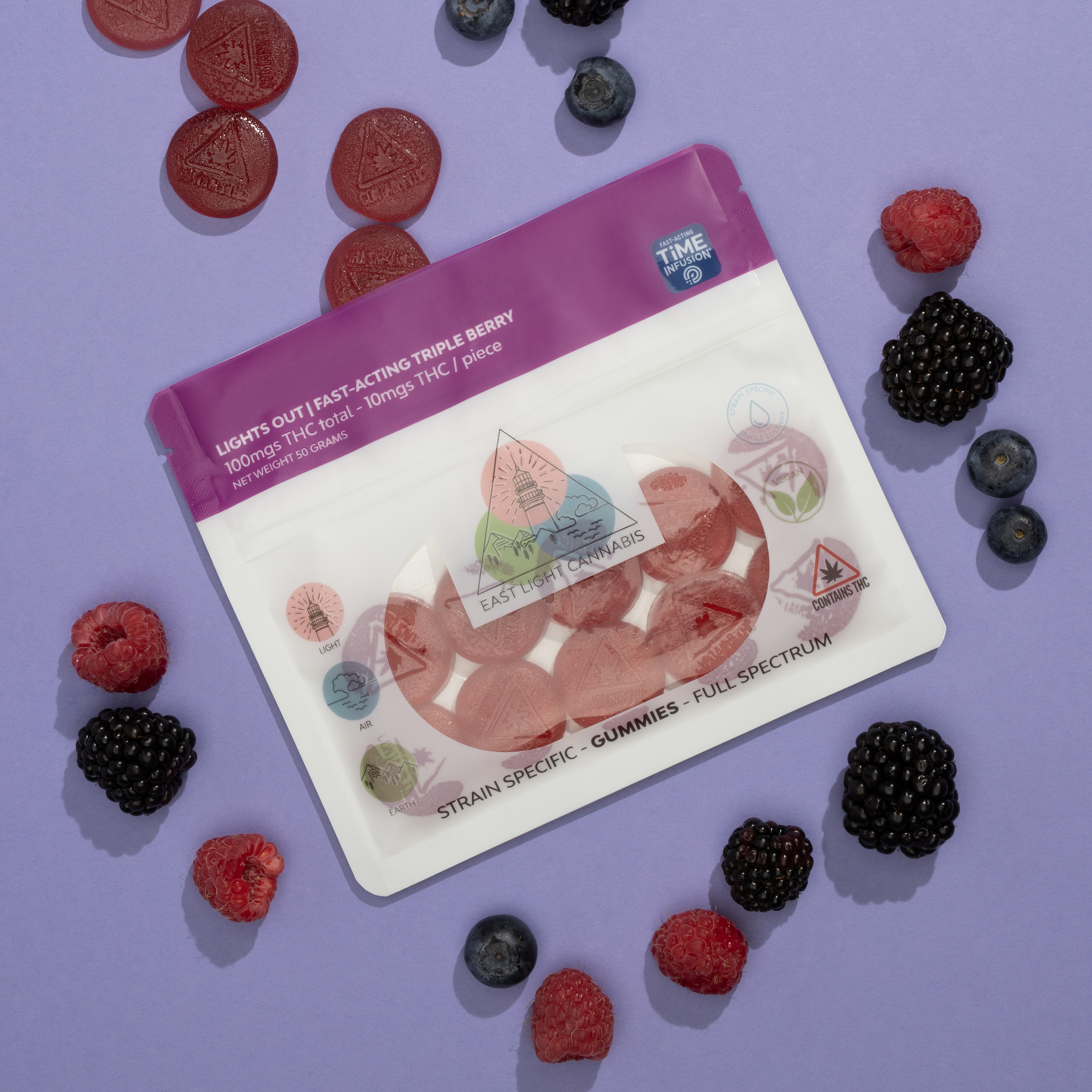 Photograph of product: East Light Oui'd - Lights Out - Fast Acting - Triple Berry - Gummy - 100mg (10pk)
