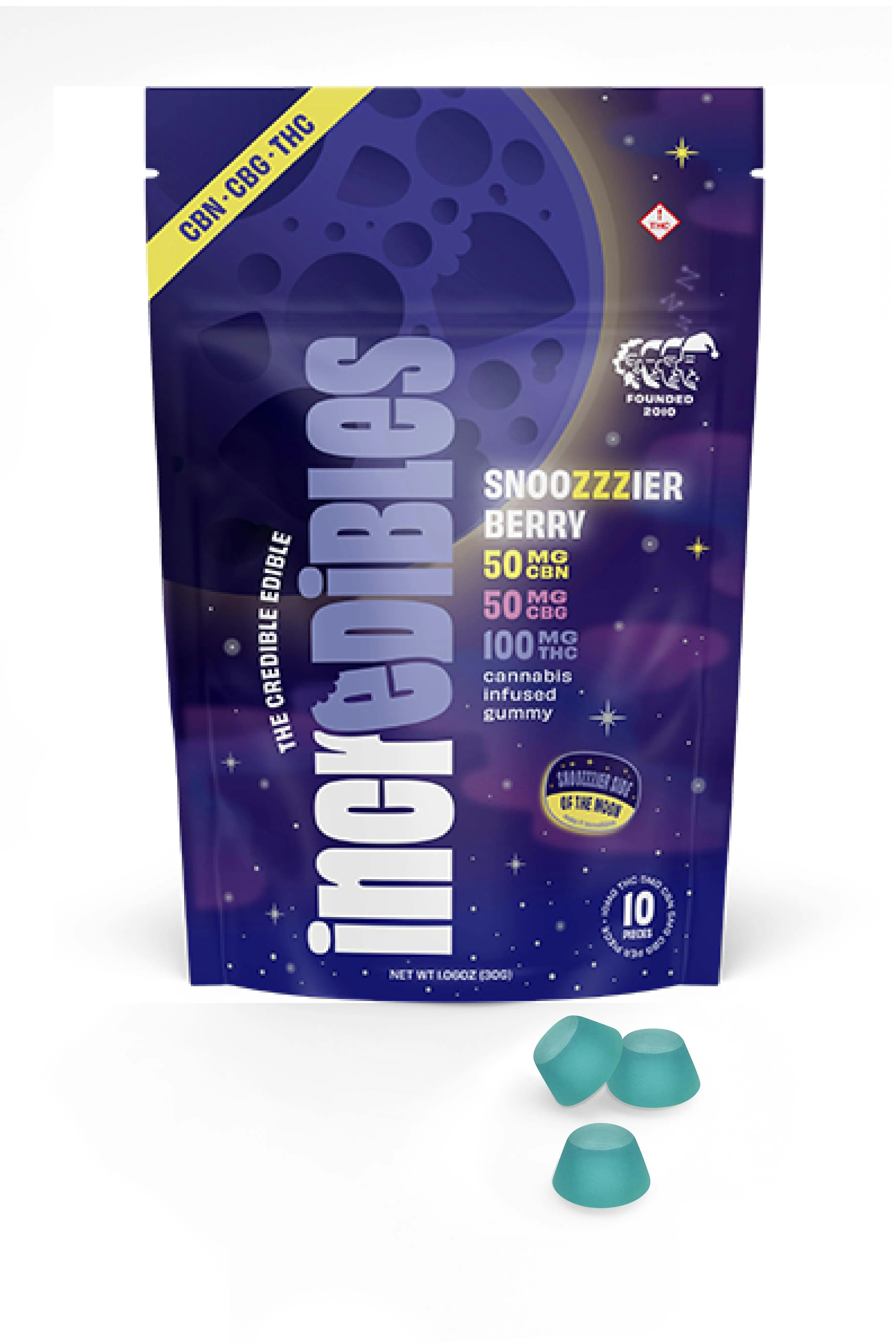 Photograph of product: Incredibles | Gummies | Snoozzzierberry | 2 TH-oui : 1 CBN : 1 CBG | 10pk/100mg